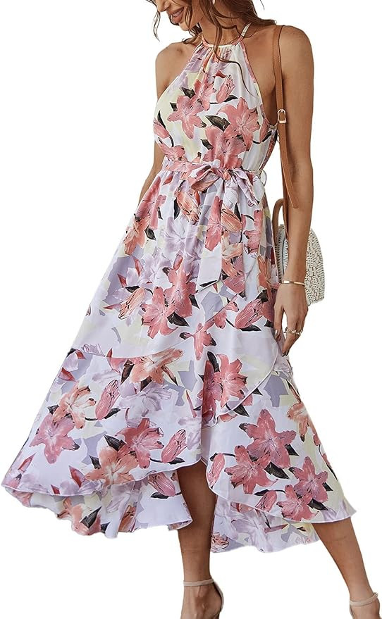 Fesier Women's Boho Halter Neck Floral Print Long Maxi Dress Sleeveless Split Ruffle Swing Beach ... | Amazon (US)