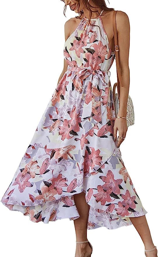 Fesier Women's Boho Halter Neck Floral Print Long Maxi Dress Sleeveless Split Ruffle Swing Beach ... | Amazon (US)