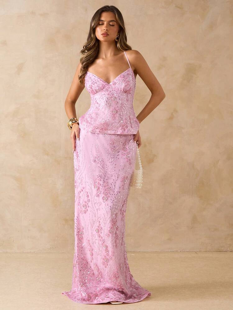 SHEIN BAE Solid Color Textured Sequin Slip Skirt, Vacation Beach Long Skirt / Floral Printed Beaded Sequins Skirt, Pink Skirt, Spring/Summer | SHEIN