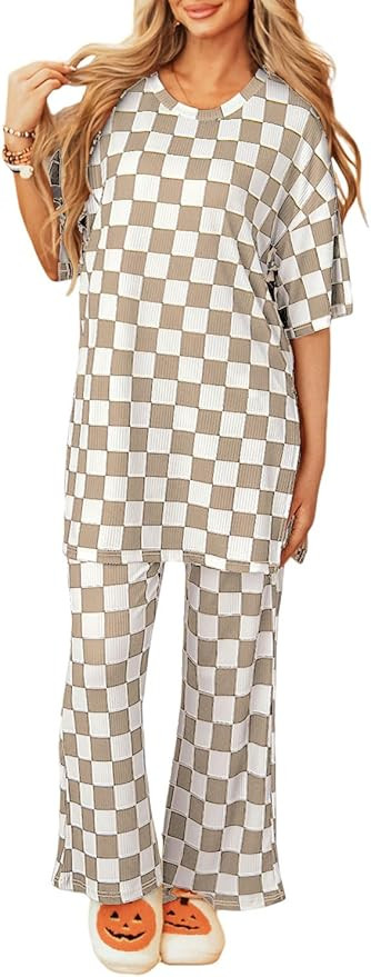 Women 2 Piece Outfits Casual Checkered Half Sleeve Pullover Top and Wide Leg Pants Matching Loung... | Amazon (US)