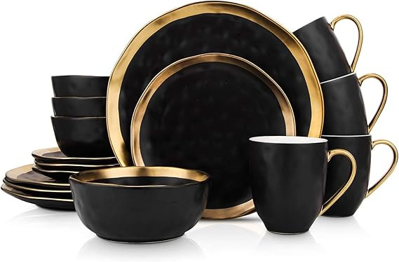 Stone Lain Porcelain 16 Piece Dinnerware Set, Service for 4, Black and Golden Rim       Add to Lo... | Amazon (US)