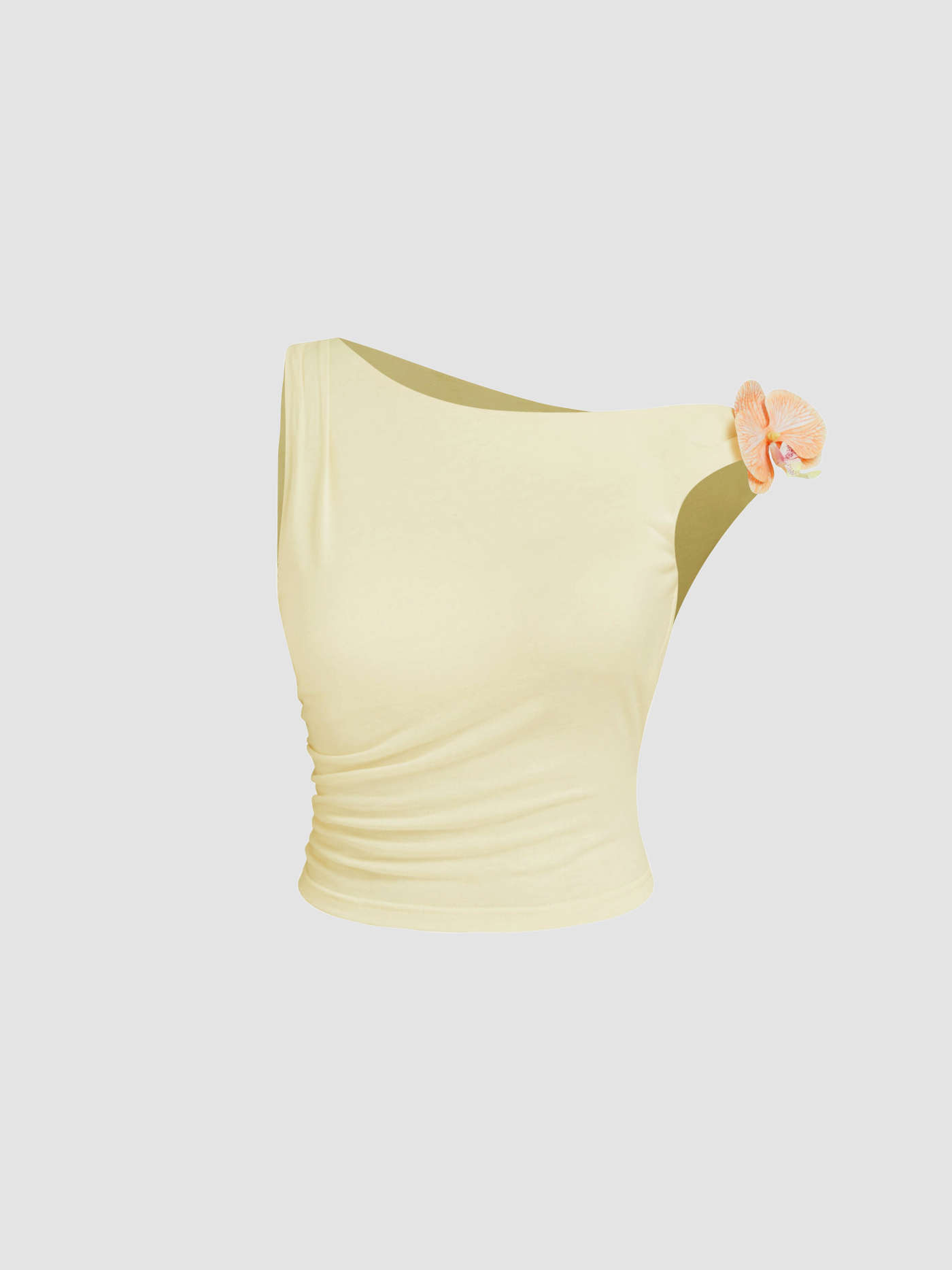Asymmetrical Neck Ruched Flower Crop Tank Top... | Cider