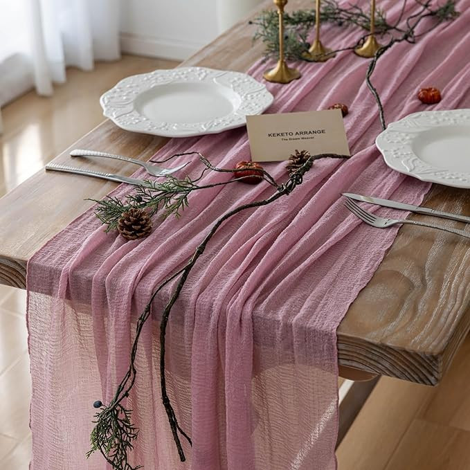Keketoarrange Valentines Day Table Runner Dusty Rose Cheesecloth Gauze 120 Inch 10 FT Rustic Boho Cheese Cloth Runner for Wedding Baby Shower Bridal Shower Engagement Party Sheer Home Decorations | Amazon (US)