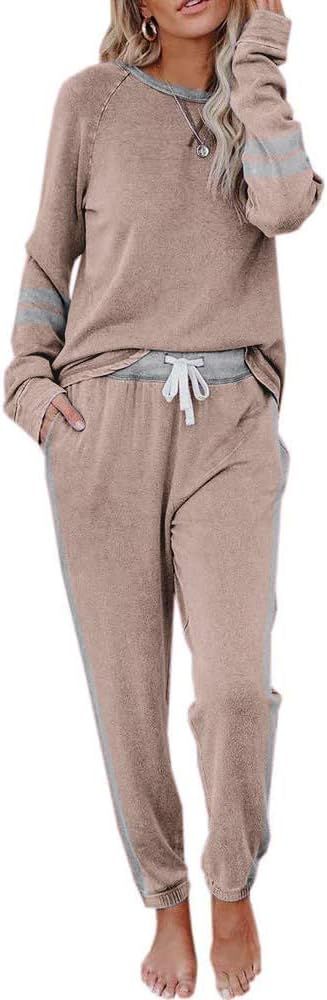 Imesrun Womens 2 Piece Crewneck Loungewear PJ Set Long Sleeve Sweatsuit Drawstring Striped Outfit... | Amazon (US)