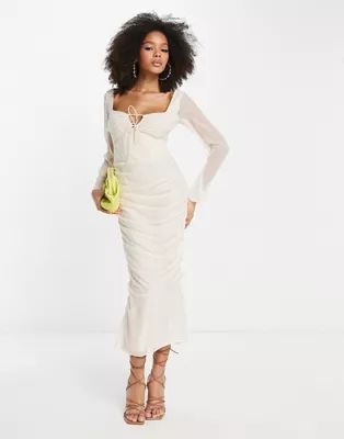 ASOS DESIGN milkmaid ruched detail midi dress with flared sleeves in cream | ASOS (Global)