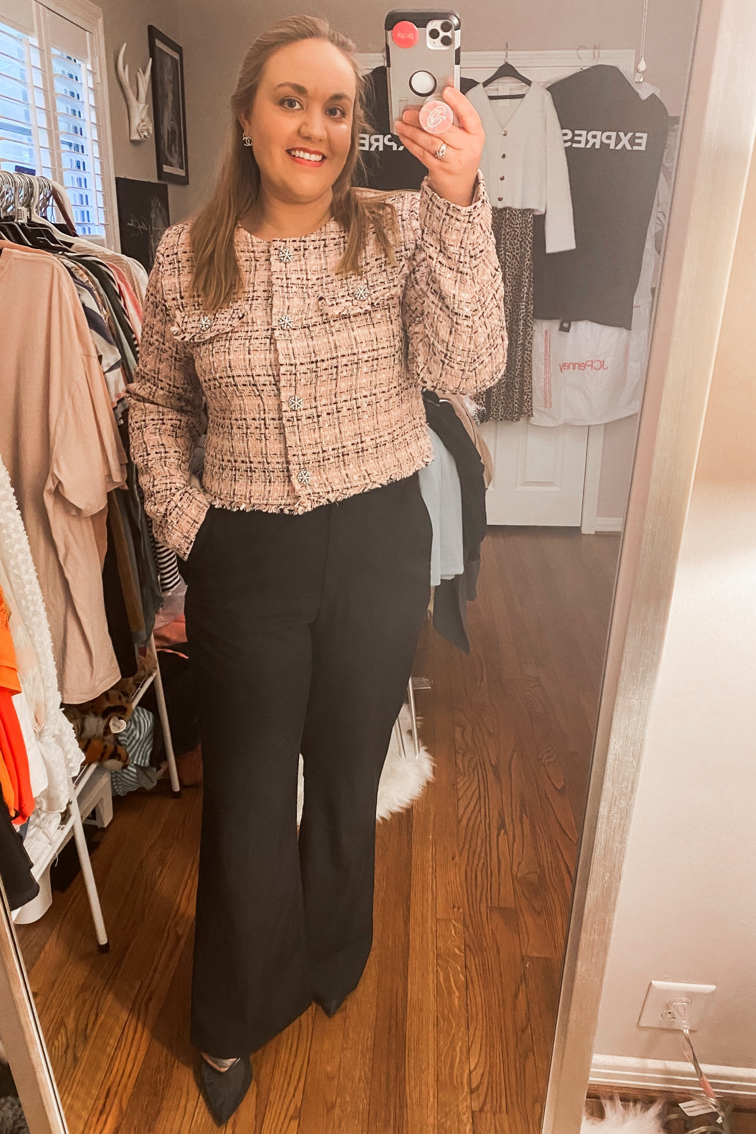 Black dress pants, work pants, 
black heels, pointed toe heels, 
mule hills, Chanel style, business professional, interview outfit, 
meeting outfit, conference outfit, 
lady jacket, tweed jacket, blazer jacket, 
holiday style, Christmas, church outfit 

#LTKWorkwear #LTKHoliday #LTKFindsUnder50