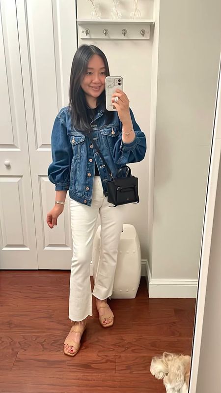 Gap x Doen denim jacket. Comes in womens and girls sizing. I took girls XL after seeing a few online reviews mentioning that XL might fit. Girls XL is a relaxed fit on me.

Cropped tee in size S is 17" total length which is the perfect petite friendly length. I also have it in white if you check my other LTK posts and I just ordered it in navy.

J.Crew white jeans in size 26 regular are ankle length on me. Note that the ecru color runs really big so I only kept the white color.

Nude sandals run 1/2 size bigger so I took 6.5 instead of my usual size 7.

Celine pico belt bag 

I'm 5' 2.5" and currently 115 pounds.

#LTKFindsUnder100 #LTKOver40 #LTKShoeCrush