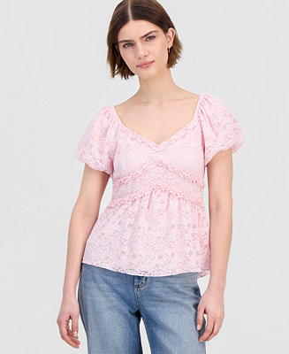 Madden Girl Juniors' Lace Puff-Sleeve Babydoll Top - Macy's | Macy's