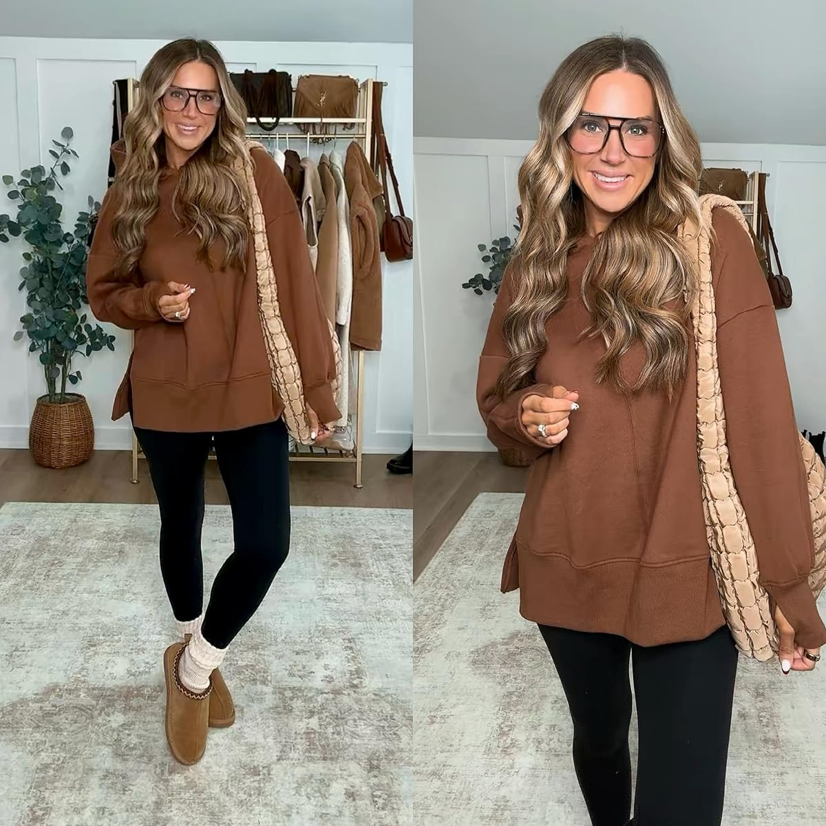 I'm loving this cozy winter look! This chocolate brown oversized hoodie is perfect for lounging around the house. Love the thumbholes and side slit over my go-to leggings. Style this look with this trendy puffer bag and fluffy slippers for the ultimate comfort.  

 #LTKootd #LTKSeasonal #LTKFindsUnder100