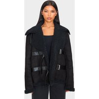 Black Buckle Trim Detail Aviator Jacket, Black | PrettyLittleThing IE