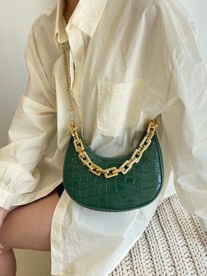Minimalist Croc Embossed Chain Baguette Bag | SHEIN