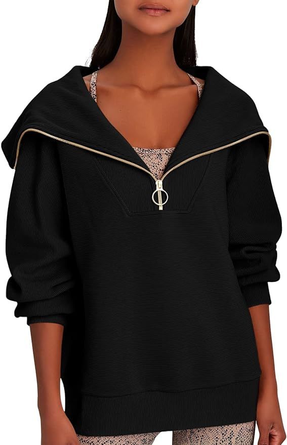 Meyeeka Womens 1/4 Zipper Drop Shoulder Long Sleeve Sweatshirt Rib Knit Slouchy Sweater Pullover | Amazon (US)