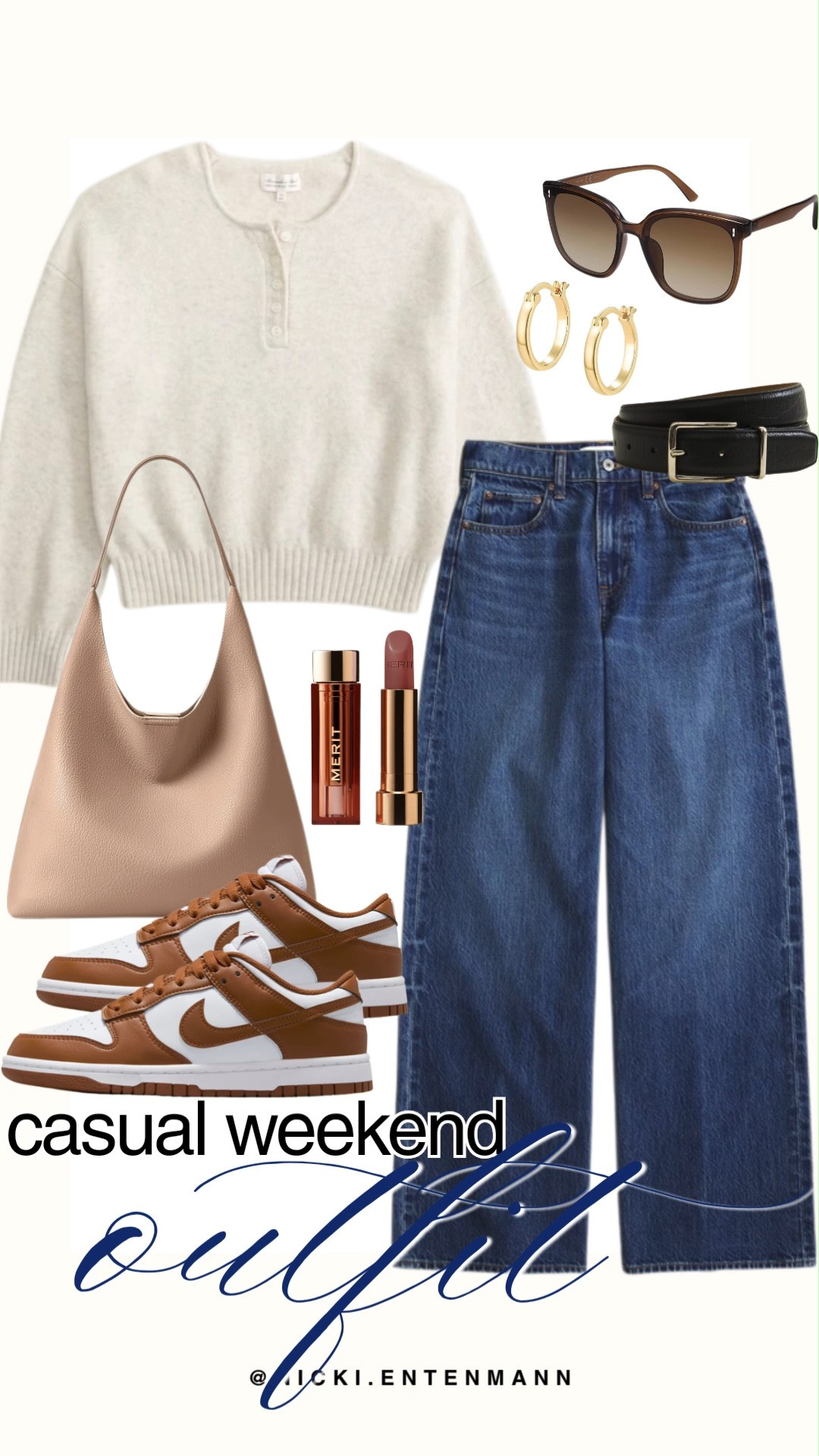 Master off-duty style with this cozy casual weekend outfit edit. A soft cream henley knit sweater pairs effortlessly with high-waisted wide-leg blue jeans cinched with a black leather belt. Brown and white Nike Dunks, a neutral taupe shoulder bag, oversized tortoise sunglasses, gold hoop earrings, and Merit lipstick complete the look.

#casualweekend #weekendoutfit #preppycasual #everydaystyle #fallfashion #outfitinspiration 

 #LTKootd #LTKmomlife #LTKTravel