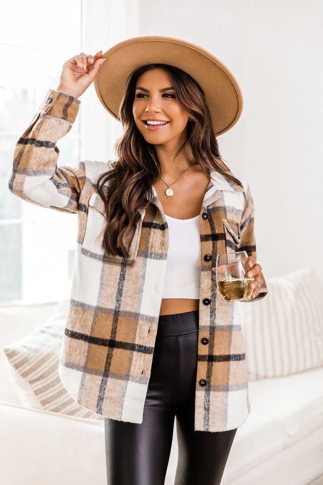 Radio Songs Tan/Mocha Plaid Shacket | The Pink Lily Boutique