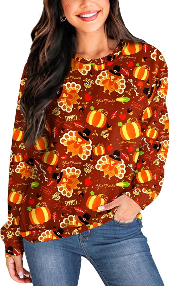 Deerose Women Christmas Sweatshirts Thanksgiving Turkey Long Sleeve Print Shirts | Amazon (US)