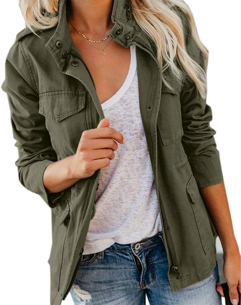 Womens Military Jacket Zip Up Snap Buttons Lightweight Utility Anorak Field Safari Coat Outwear | Amazon (US)