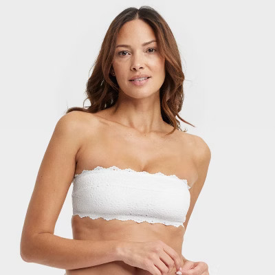 Women's Eyelet Lace Lightly Lined Bandeau Bralette - Auden™ White L: Removable Strap, Wireless, Removable Padding, Hand Wash | Target