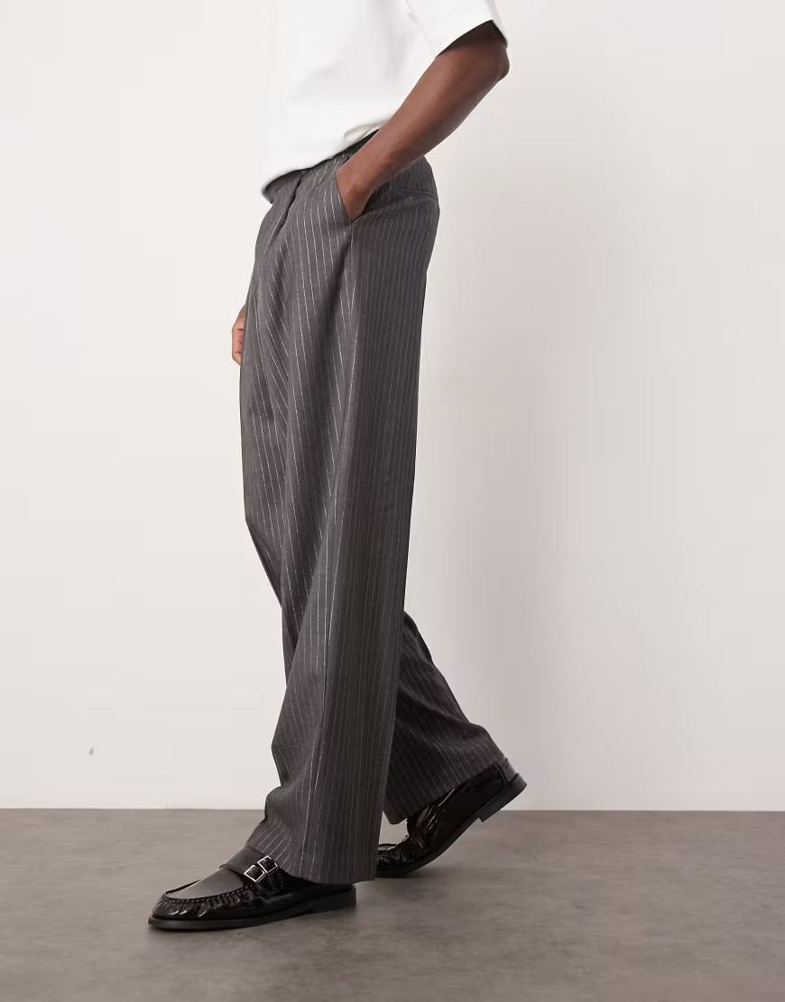 ASOS DESIGN smart wide leg metallic pinstripe trousers in grey | ASOS (Global)