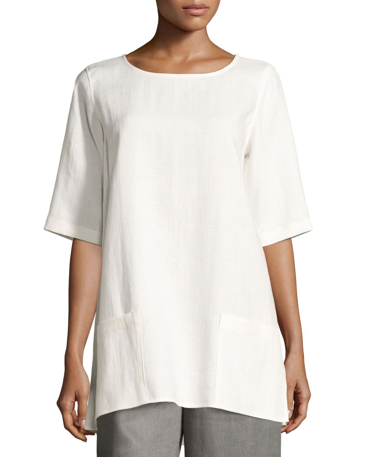 Petite Half-Sleeve Two-Pocket Linen Tunic | Neiman Marcus