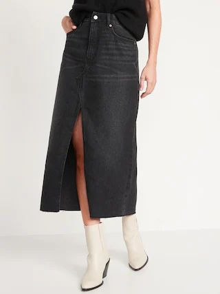 High-Waisted Black-Wash Split-Front Maxi Non-Stretch Jean Skirt for Women | Old Navy (US)