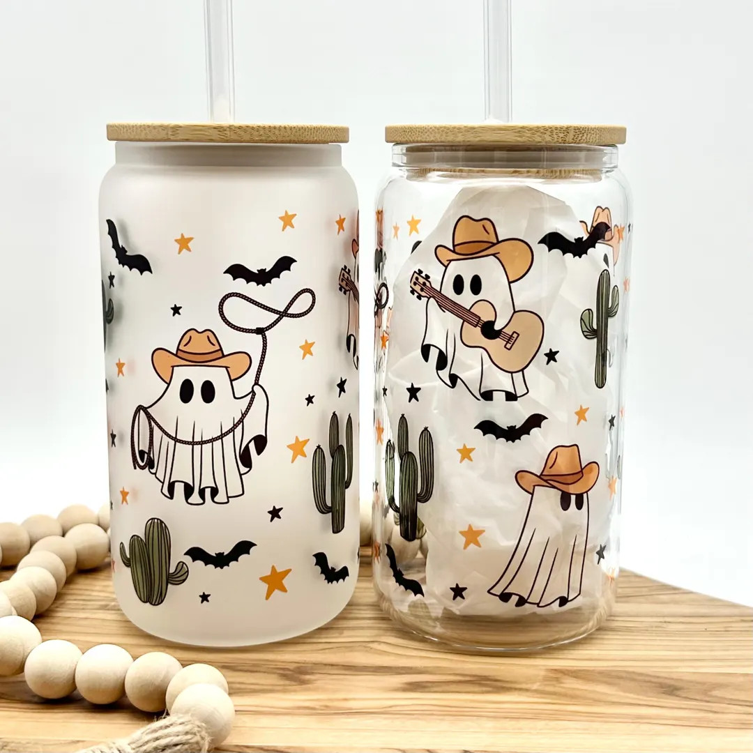 Halloween Iced Coffee Cup, Cute Ghost and Bats Frosted Glass Cup With Lid and Straw, Cowboy Ghost... | Etsy (US)
