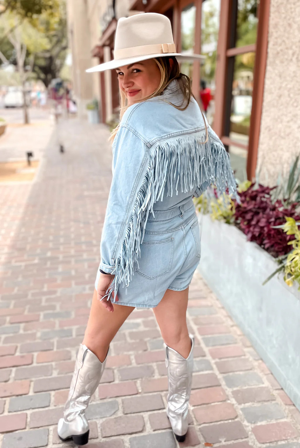 Denim Fringe Romper - Blue | Tucker Brown