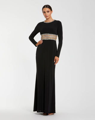Black Long Sleeve Gown With Embellished Cut Out | Mac Duggal