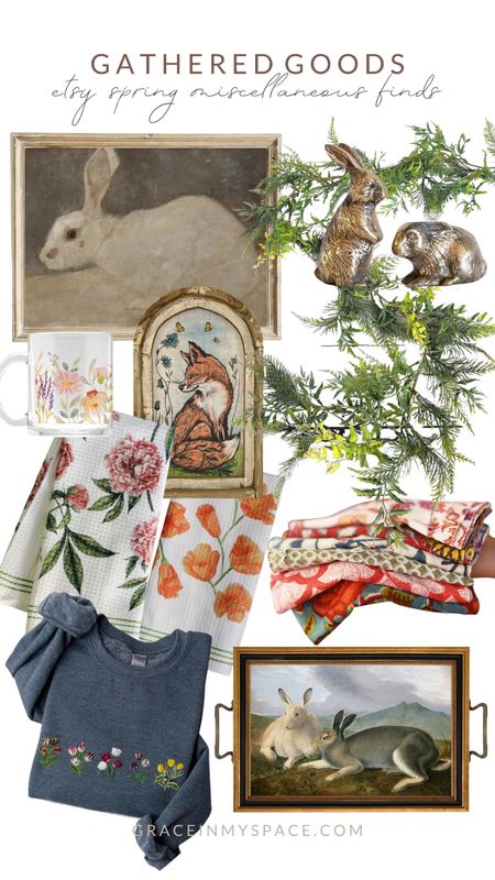 Check out this round up of miscellaneous Spring favorites from Etsy shops! I love the vintage bunny framed art, peony kitchen towel, vibrant patterned cloth napkins, and a cozy spring flower sweatshirt! 

#LTKSeasonal #LTKhome #LTKunder100