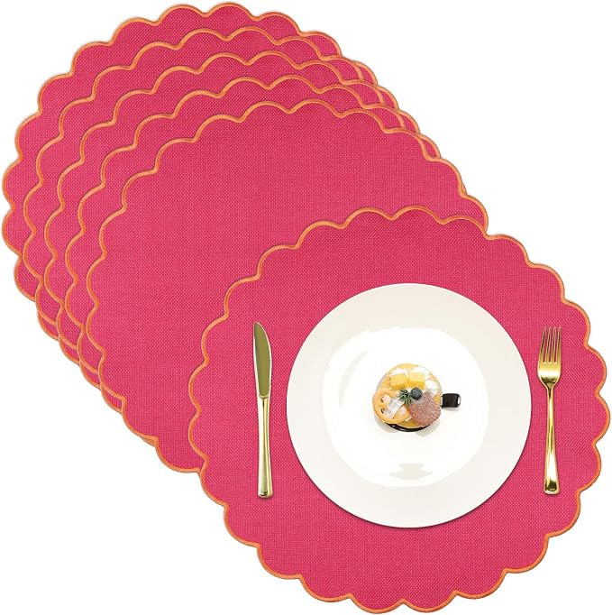 Set of 6 Round Placemats 15 Inch Cotton Scalloped Embroidery Placemat Washable Double Layered Rus... | Amazon (US)
