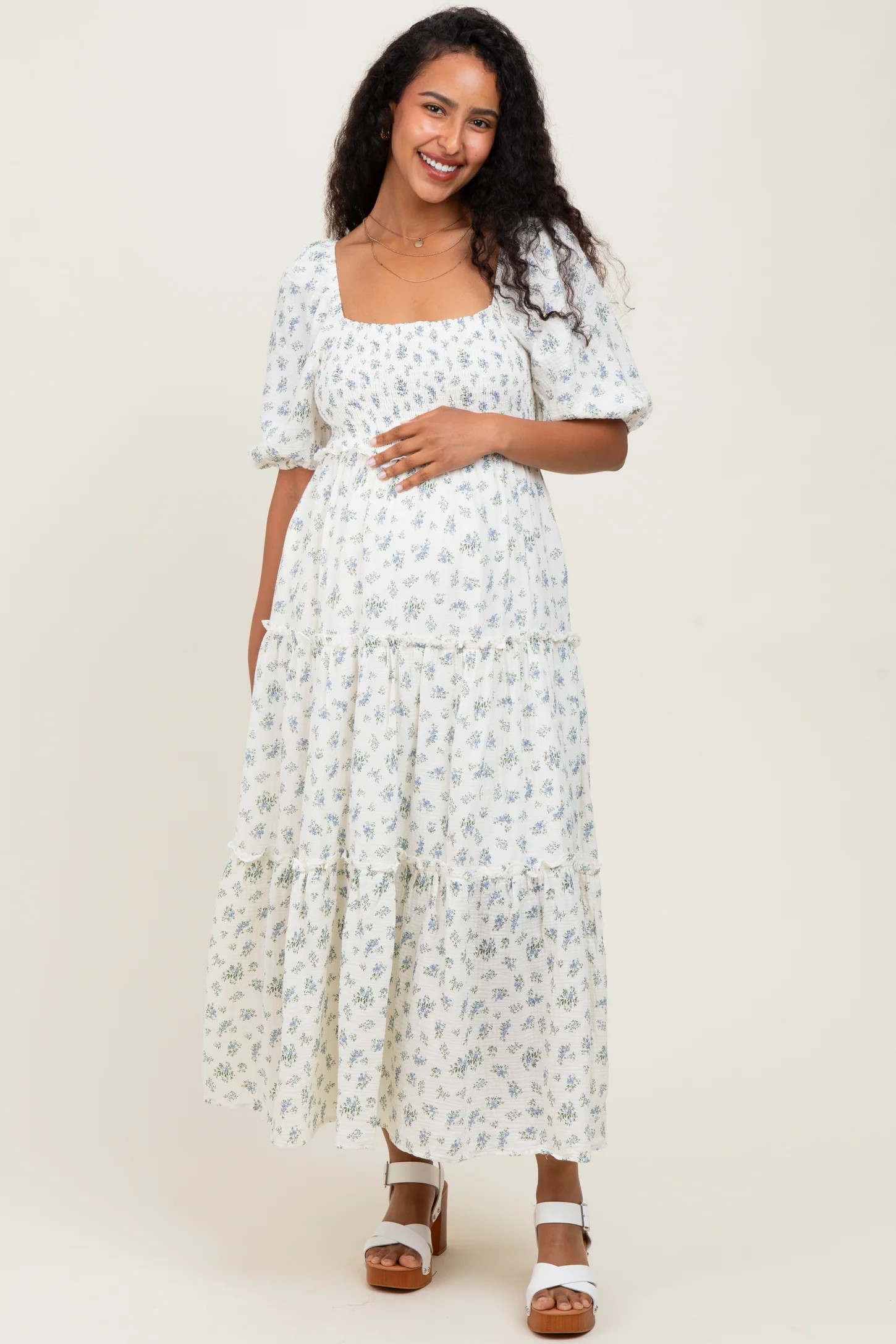 Blue Floral Smocked Ruffle Tiered Maternity Maxi Dress | PinkBlush Maternity