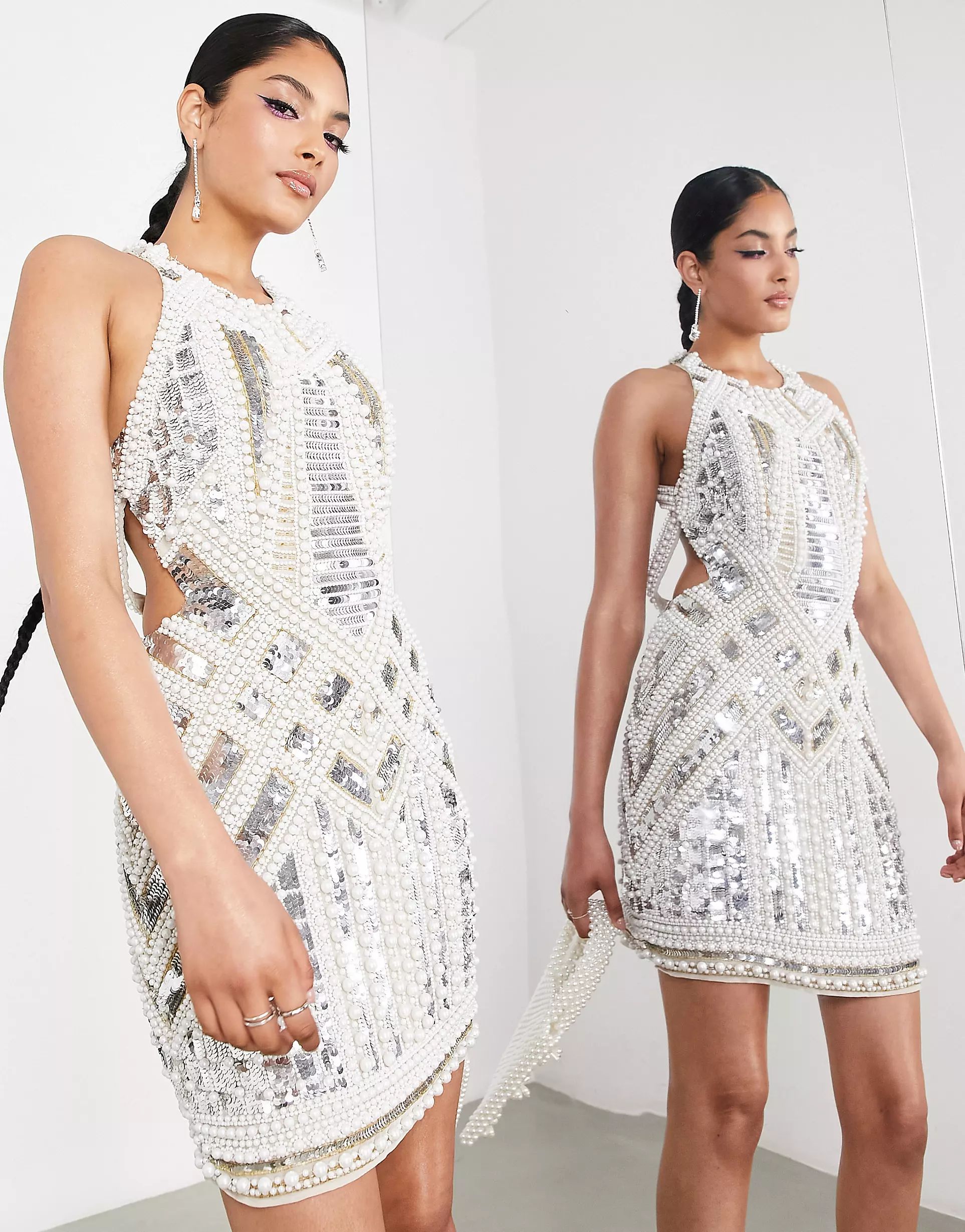 ASOS EDITION pearl and sequin embellished halter mini dress in silver | ASOS (Global)