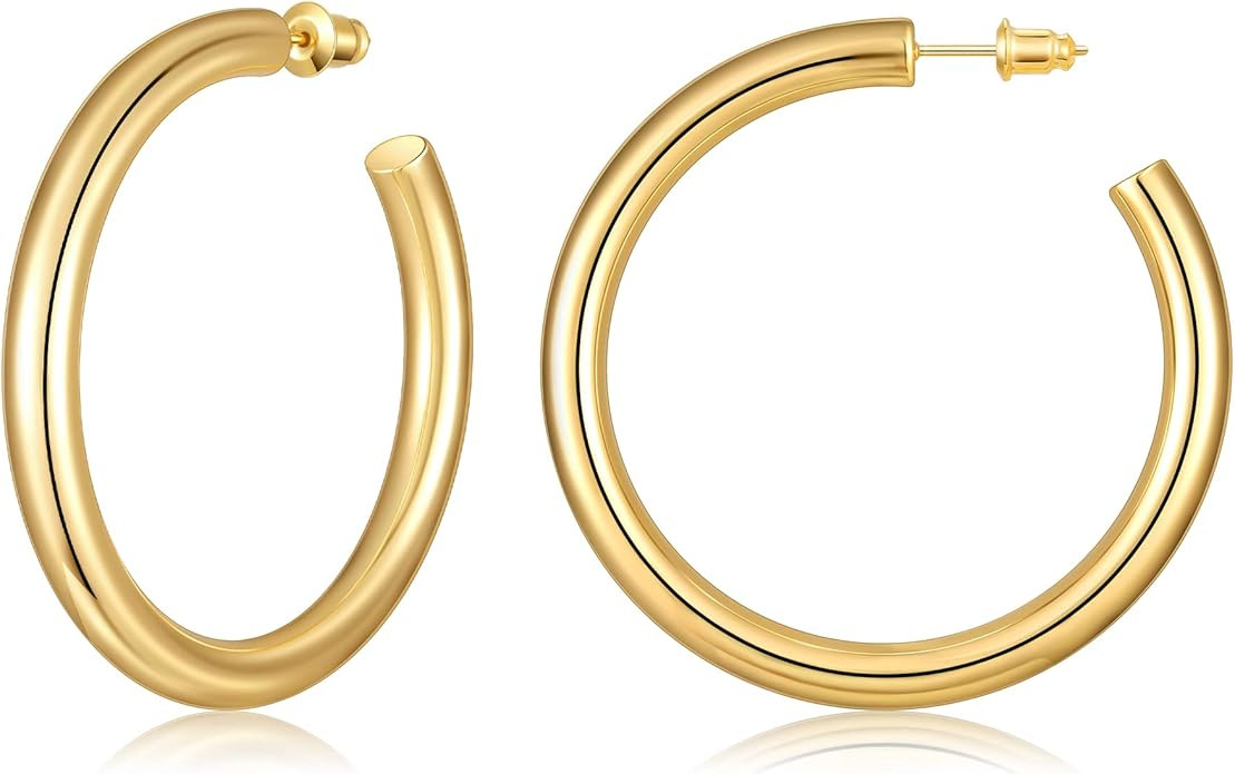 Gacimy Chunky Gold Hoop Earrings for Women 14K Real Gold Plated, 925 Sterling Silver Post Hoops f... | Amazon (US)