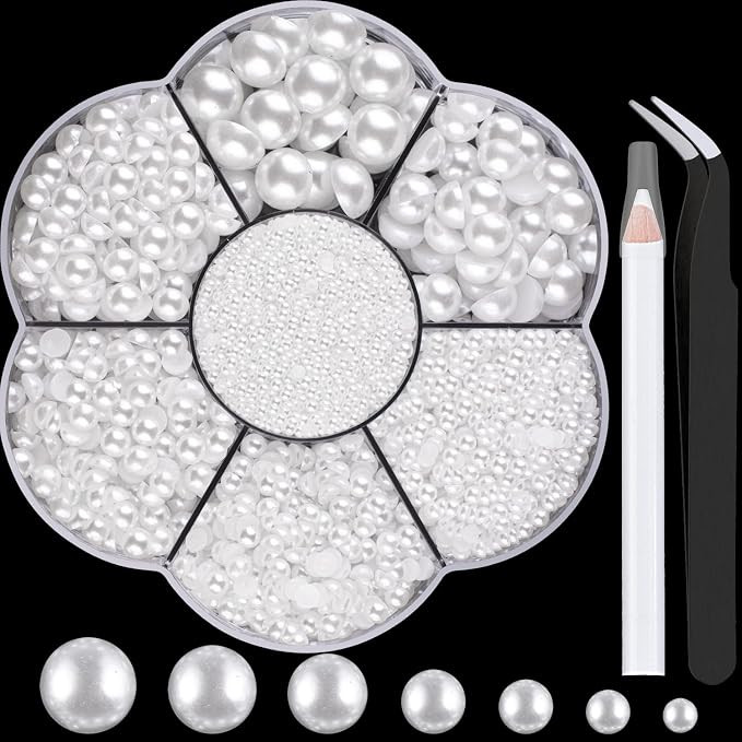 Nail Art Flat Back Half Round Pearl Kits 3, Mixed Sizes 6000 Pcs White Small Pearls for Nails wit... | Amazon (US)