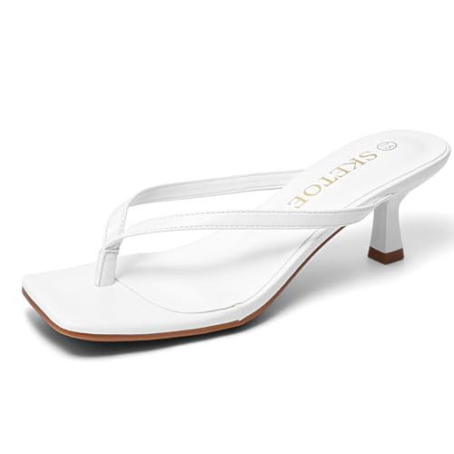 SKETOE Kitten Heels for Women Square Toe Sandals Flip Flop Heels Thong Sandals Comfortable Summer 2 Inch Heels Sandals White | Amazon (US)