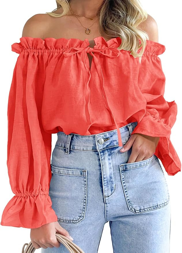 Imily Bela Womens Off The Shoulder Tops Puff Long Sleeve Tie Front Loose Fit Ruffle Shirts Blouse... | Amazon (US)