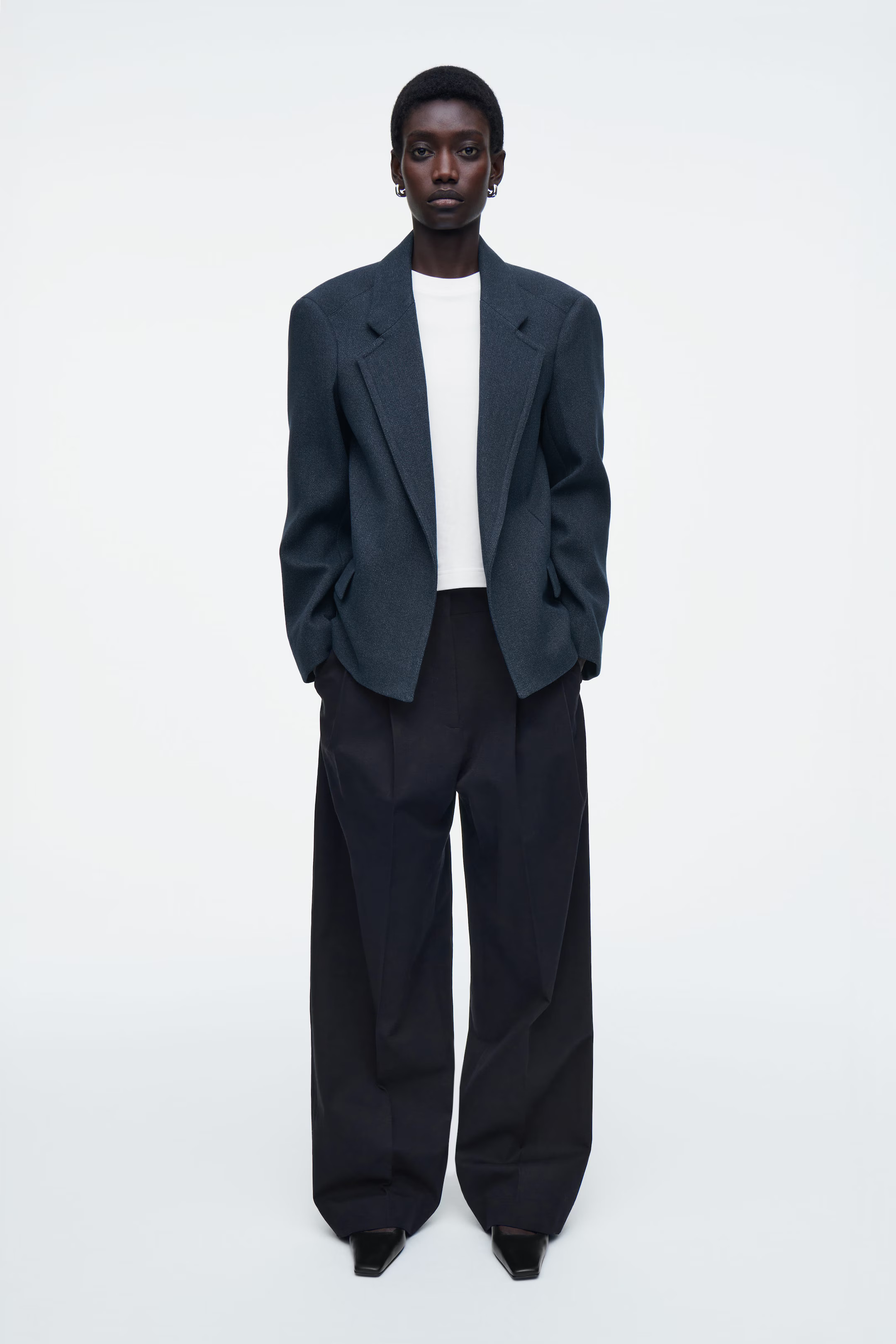 OVERSIZED EXAGGERATED-SHOULDER DENIM-LOOK BLAZER - DARK BLUE | COS (EU)