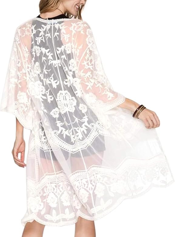 Romanstii Women's Lace Cardigan Floral Crochet Sheer Beach Cover Ups Long Kimono | Amazon (US)