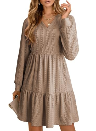Dokotoo Womens Holiday Party Dresses Long Sleeve Dress for Women 2025 V Neck Ruched Casual Ruffle A-Line Tiered Sweater Dress Cute Lightweight Soft Textured Mini Dress Vacation Outfits Khaki X-Large | Amazon (US)