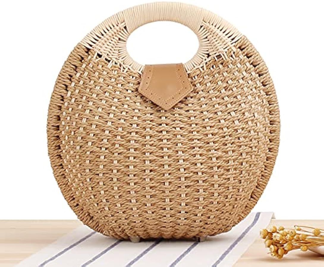 Semi-circle Shell Shape Rattan Straw Handbags, Hand-woven Women Summer Retro Straw Round Handle B... | Amazon (US)
