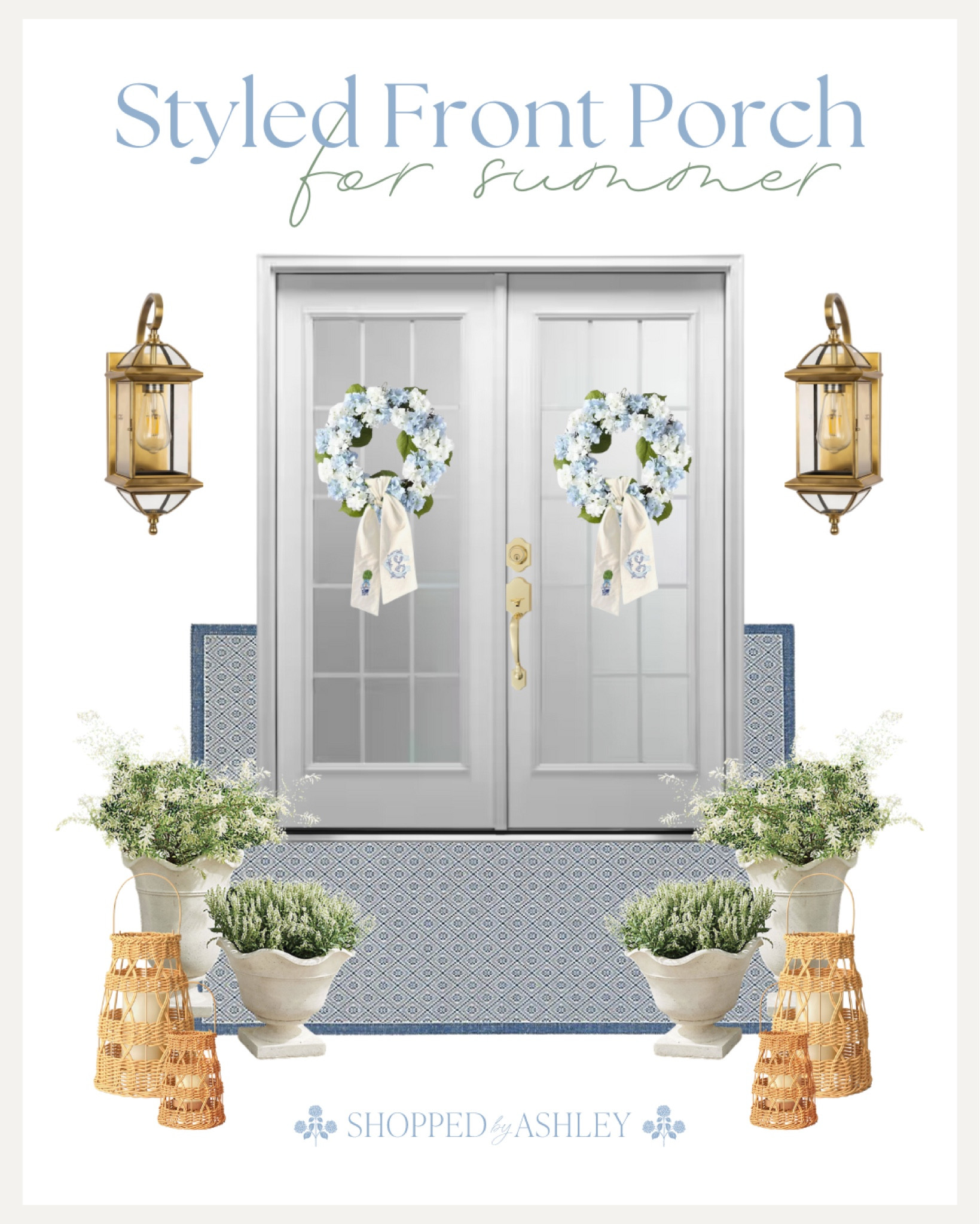 Coastal Grandmillennial styled front porch for summer! 

Porch decor, patio decor, hydrangea wreath, wreath sash, lanterns, outdoor lighting, outdoor rug, blue and white, blue and green, grandmillennial porch, grandmillennial decor, coastal grandmother 

#LTKSeasonal #LTKStyleTip #LTKHome