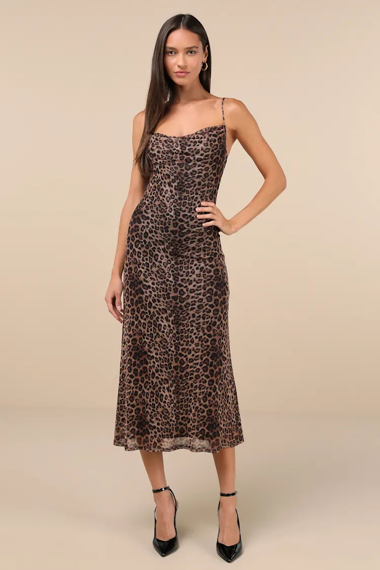 Flirty Destiny Brown Leopard Print Mesh Cowl Neck Midi Dress | Lulus