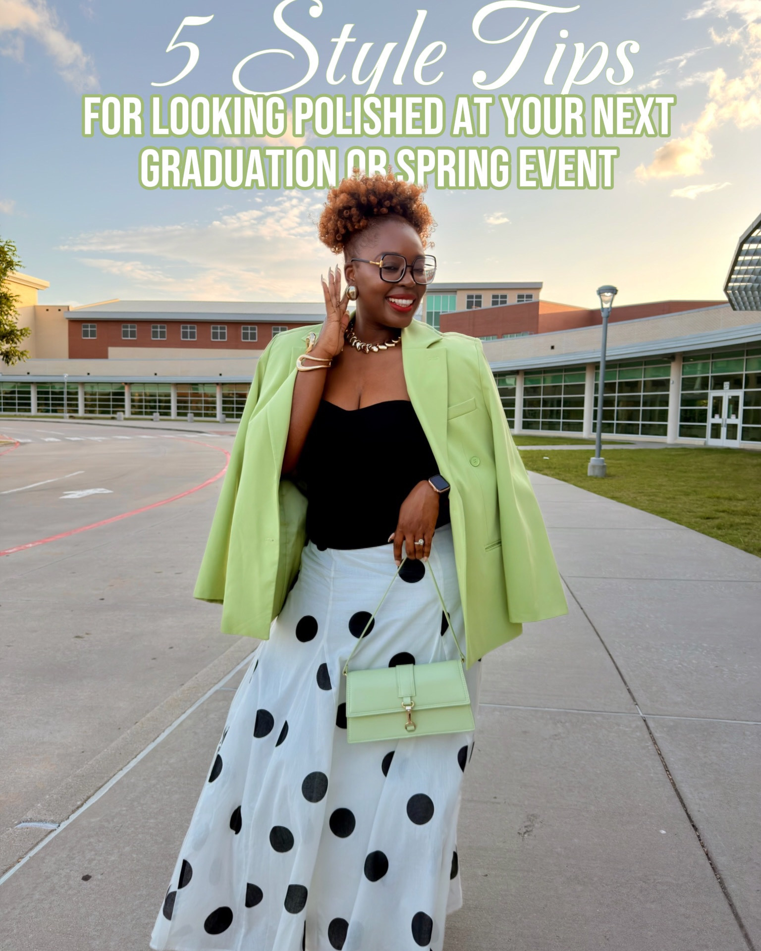 Polka dots, mint green and graduation guest style inspo all in one 💚✨

Sharing a few styling tips along the way because sometimes it’s the small details that take a look from cute to elevated.

👇🏾Get into this look—link in bio!
Skirt & Bracelet: @ASOS 
Blazer, necklace & Bag: @Zara 
Corset: @walmart
Shoes, Earrings & Ponytail: @amazonfindsandfashion 
Glasses: @firmoo_optical

#midsizefashion #springstyle #graduationlook #fashiontips #outfitinspo#graduationguestoutfit

Song: Be Great by Jill Scott

#LTKootd #LTKMidsize #LTKgrwm