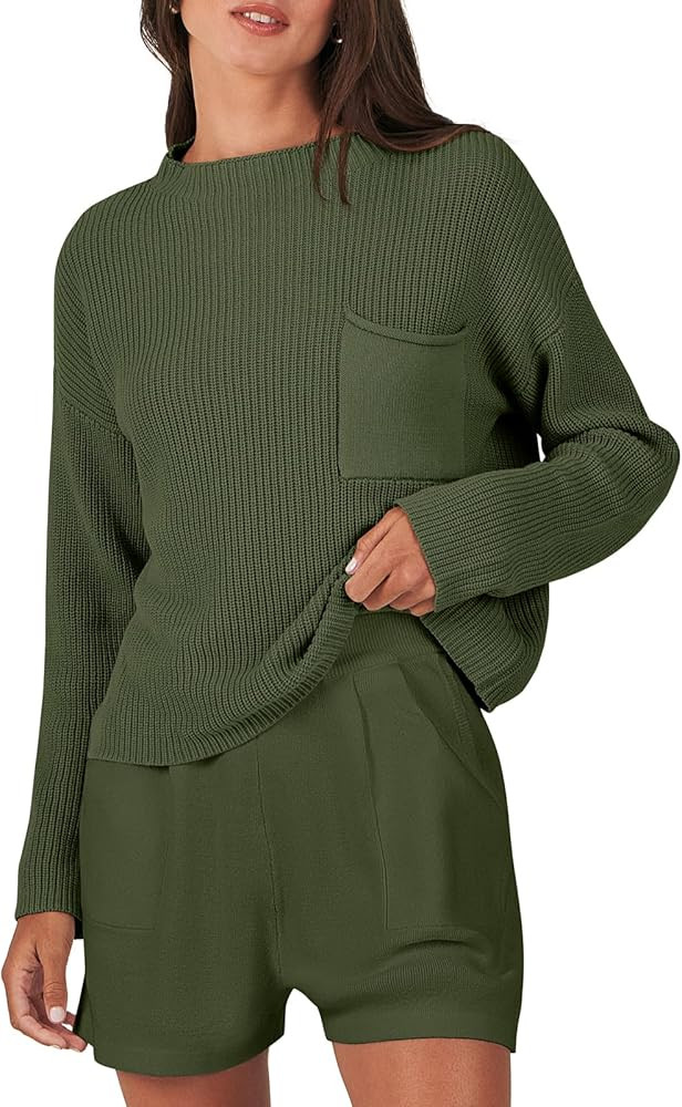 ANRABESS Women Two Piece Outfits Sweater Sets Knit Pullover Long Sleeves Tops and Shorts Sweatsui... | Amazon (US)