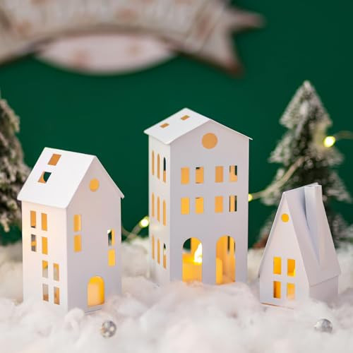 Romadedi Village Houses for Christmas: White Christmas Village Sets Decorations Small Light Up Candle Holder Led Home Fireplace Centerpiece Kitchen Mantel Decor for Table Set of 3 | Amazon (US)