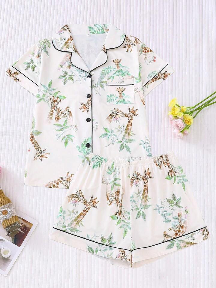 Giraffe Printed Women's Pajama Set, Featuring Short Sleeve Shirt With Lapel Collar And Loose Elas... | SHEIN