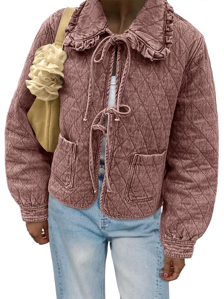 Tankaneo Womens Quilted Denim Puffer Jackets Tie Front Bow Cropped Puffy Jackets Fall Cute Short ... | Amazon (US)