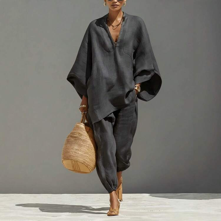 2026 Spring/Summer Fashion Women's Casual Style Bat Sleeve V-Neck Loose-Fit Outfit | SHEIN