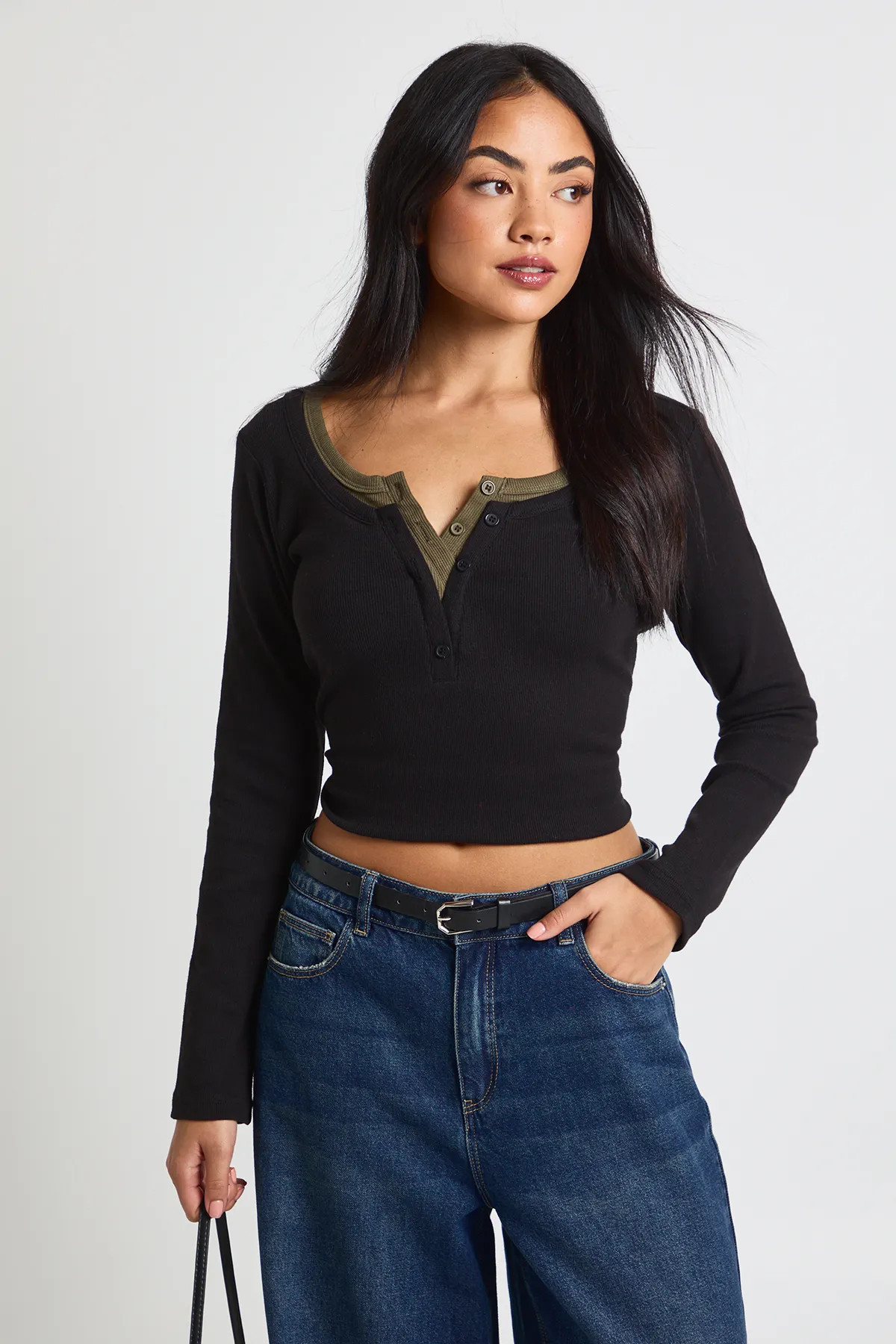 Ribbed Contrast Henley Button Long Sleeve Top | Boohoo.com (UK & IE)
