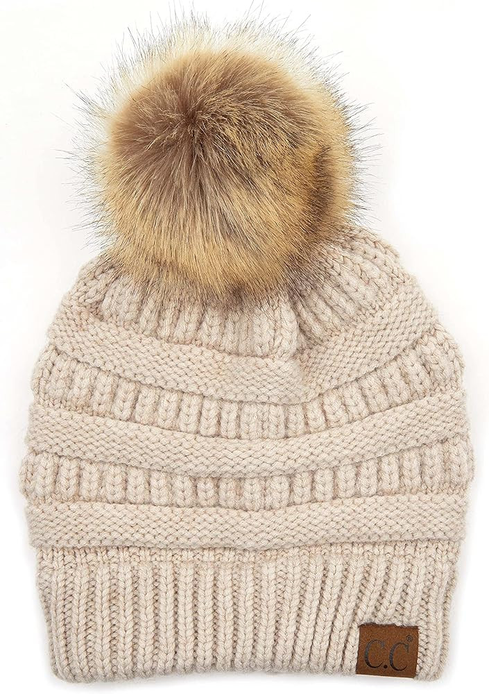 C.C Fur Pom Winter Fall Trendy Chunky Stretchy Cable Knit Beanie Hat | Amazon (US)