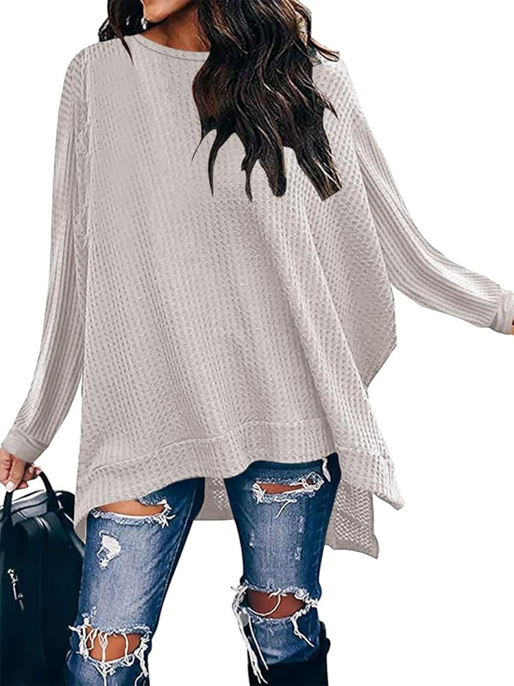 ANRABESS Women's Sweater Oversized Crewneck Long Batwing Sleeve Waffle Knit Casual Loose Split Hem T | Amazon (US)